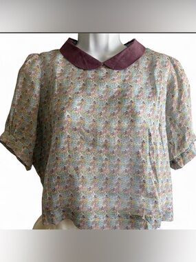 Floral Print Short Sleeve Top with Contrast Peter Pan Collar - Mauve Collar